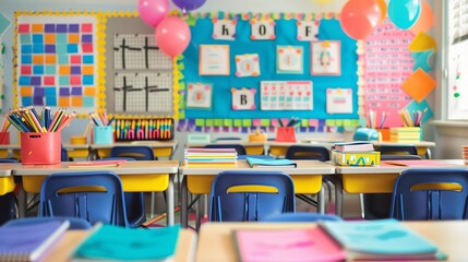 a classroom with a new set of colorful school supplies arranged on desks and a fresh bulletin board, back to school concept