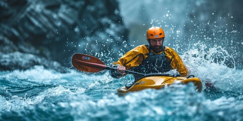 Fototapeta premium whitewater kayaking, down a white water rapid river in the mountains. Generative AI
