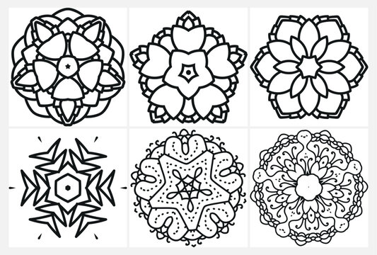 coloring page with floral mandala, bold and easy,vector set