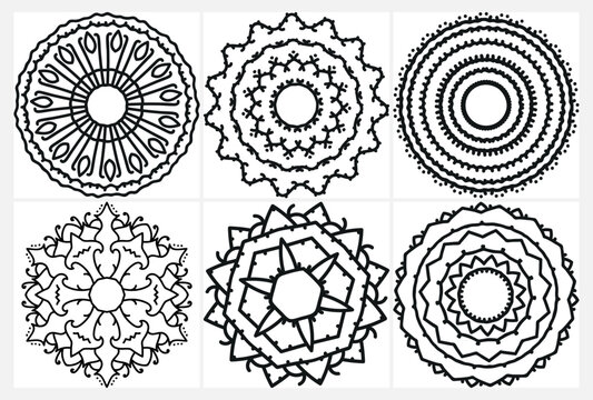 coloring page with floral mandala, bold and easy,vector set
