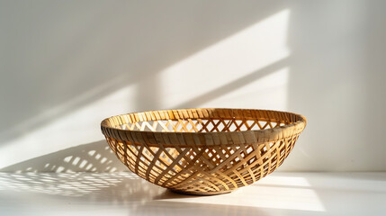 Fototapeta premium Woven bamboo bowl sits on a white surface. Light creates shadows and reflections around it.