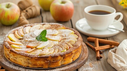 An apple pie with a slice removed, surrounded by cinnamon sticks, whole apples, and a cup of coffee, all on a wooden tabletop