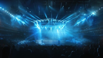 A large, illuminated arena filled with blue lights, capturing the anticipation and energy of an upcoming event with a crowd in darkness.