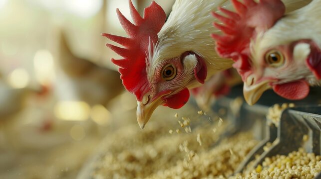 Broilers as they eat pellets from a feeder Systematic feeding process within a poultry farm which demonstrates an efficient and systematic method of raising broilers.