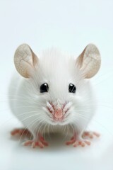 A close-up of an adorable white laboratory mouse, highlighting its curious expression and delicate features.