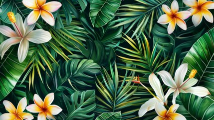 Beach cheerful seamless pattern wallpaper of tropical palm green leaves