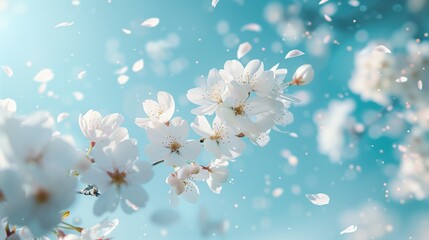 Beautiful Cherry Blossoms in Full Bloom Against a Clear Blue Sky with Falling Petals - Capturing the Essence of Springtime Nature and Tranquility