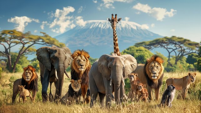 Group of African animals giraffe, lion, elephant, monkey and others stand together in with Kilimanjaro mountain on background