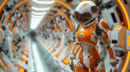 Female-figure robot humanoid standing at the long spaceship corridor