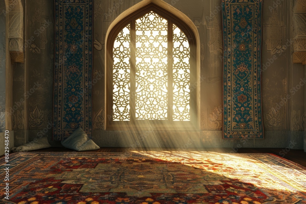 Poster sunlit ornate window a 3d background demonstrating the essence of ramadan mubarak with the incorpora