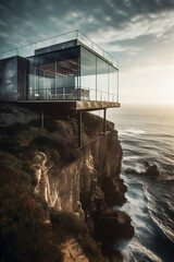Modern Glass House At Dramatic Rocky Coast