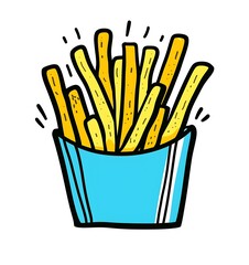 French fries in a blue container icon, line art vector illustration in the simple flat design minimalist style, white background with black lines and color fill, bold outline, clipart style