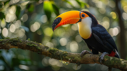 Fototapeta premium Vibrant toucan perched on mossy branch in lush rainforest, showcasing colorful beak and plumage. Concept of tropical wildlife, biodiversity, and exotic beauty.