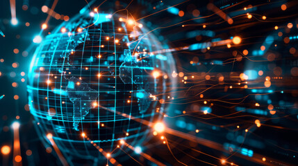Obraz premium Digital image of icons depicting a globe, a light, and a network. The concept of global connection, data processing, and technology is conveyed in this image.