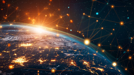 Naklejka premium Digital image of icons depicting a globe, a light, and a network. The concept of global connection, data processing, and technology is conveyed in this image.