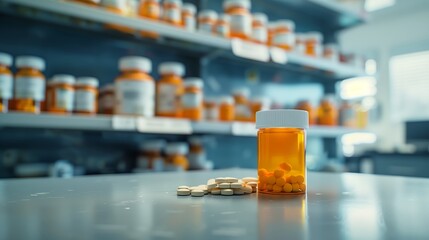 A close up shot of an orange and white pill bottle inside a modern medical laboratory.