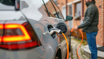 A man is charging an electric car in front of a house, displaying automotive tail brake light