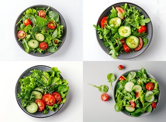 Fresh salad with cucumber, tomato and green leafy vegetables in a grey bowl on a white background