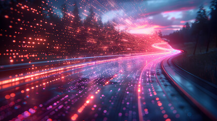 A futuristic digital landscape with glowing lights and a vibrant pathway set against a twilight sky, blending nature and technology.