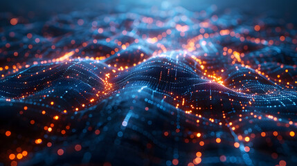 Abstract digital wave with bright glowing dots and lines, representing technology and data flow in a futuristic, two-tone color scheme.