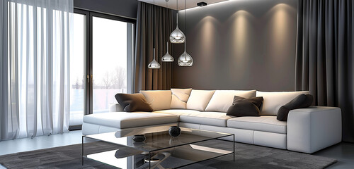 An elegant living room with a comfortable sectional sofa, a crystal-clear glass coffee table, and sleek modern lighting fixtures.