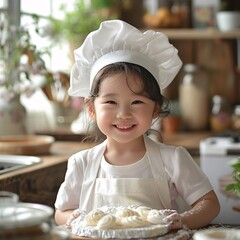 Korean child model wearing a white chefs hat . her dress white color and cute smile face .