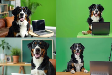 Front view of a happy smiling Great Swiss Mountain Dog sitting on a table with a laptop in a modern office