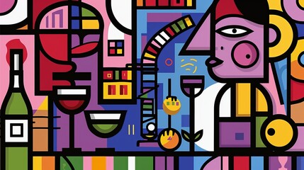 Abstract Geometric Portrait With Wine and Flowers