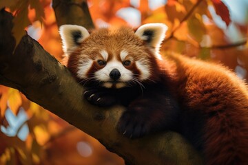 Cute fluffy red panda lounging A furry red panda lounging in a tree