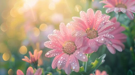 Fototapeta premium Dew-covered pink flowers in soft sunlight, blooming in a garden during early morning. The image captures the freshness of nature with bright light.