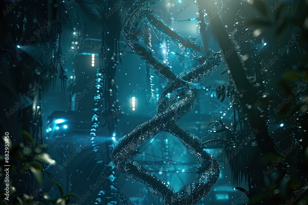 Poster futuristic lab glowing dna strand observing scientist a futuristic bioengineering scene with dna man