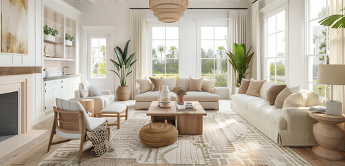 An elegant living room with clean lines, neutral tones, and a statement rug enhancing the space.