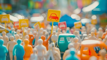 Obraz premium Colorful crowd of toy people in a busy street. A miniature person holding a yellow sign with a car among multicolored figures in an urban scene.