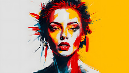 Obraz premium A captivating abstract portrait of a woman's face, wherein bold, vivid colors of red, yellow, blue, and white 