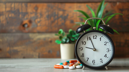 Classic alarm clock next to scattered pills, placed on a wooden surface with a potted plant in the background, emphasizing medication timing.


