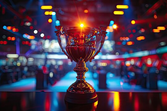Gleaming trophy vibrant stage background Revealing the joy and camaraderie in sports