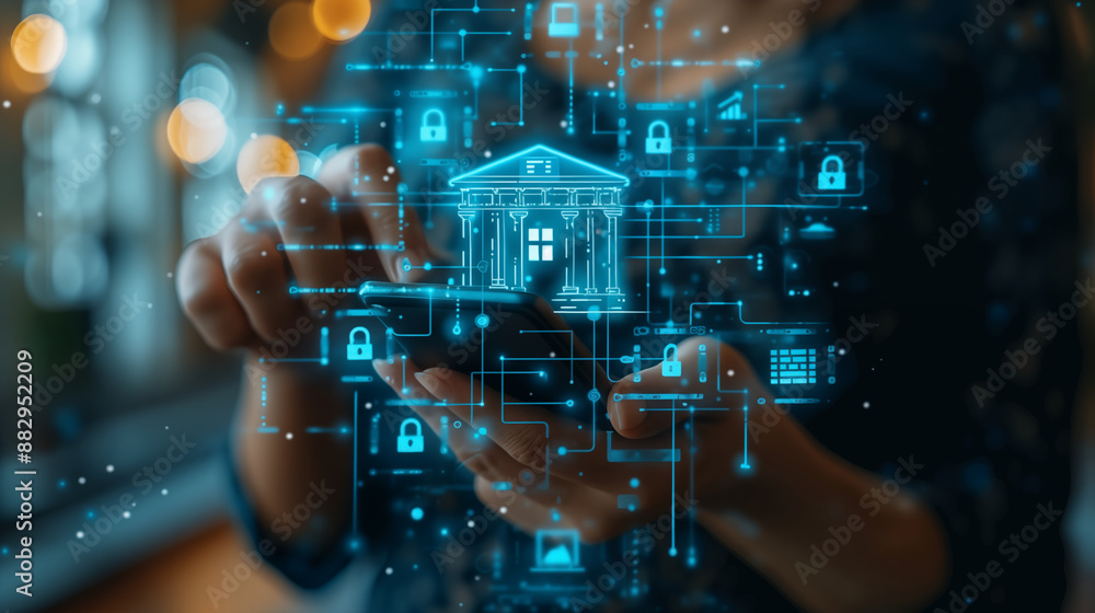 Wall mural digital security concept with hands interacting with virtual bank building and padlock icons. concep