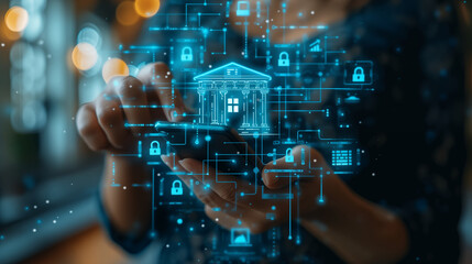 Digital security concept with hands interacting with virtual bank building and padlock icons. Concept of online banking, cybersecurity, and financial technology.