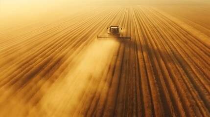 Aerial view of combine harvester working in vast golden wheat field. Striking contrast between machine and crops. Agricultural landscape.