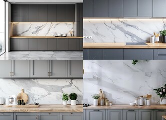 Front view of a modern kitchen with gray cabinets and a light wood countertop, with a white marble wall background