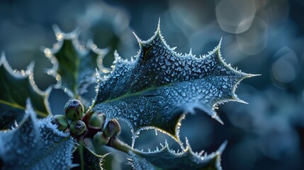 A macro photograph of a frost-covered holly leaf, highlighting its sharp thorns and icy texture.