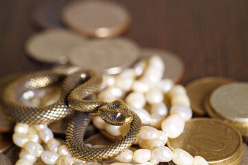 A snake statuette with coins and jewelry.