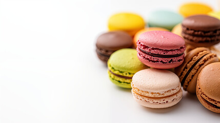 Fototapeta premium Colorful macarons on a white background in a closeup shot