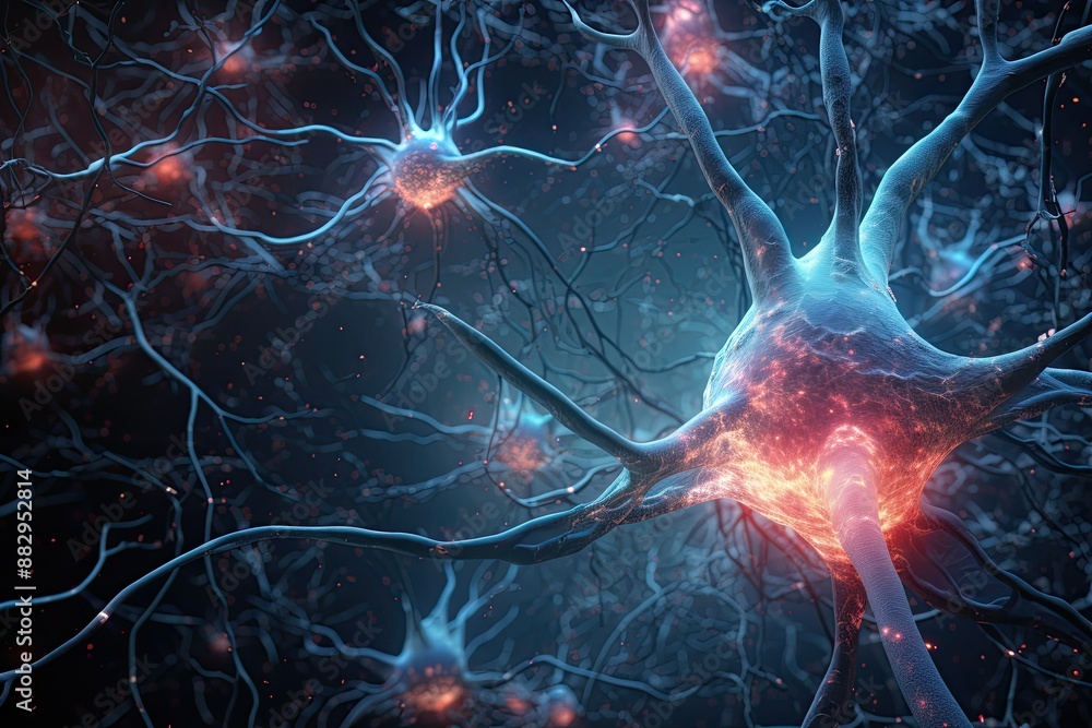 Poster complex neural network glowing synapses a journey through the human brain exploring its complex netw