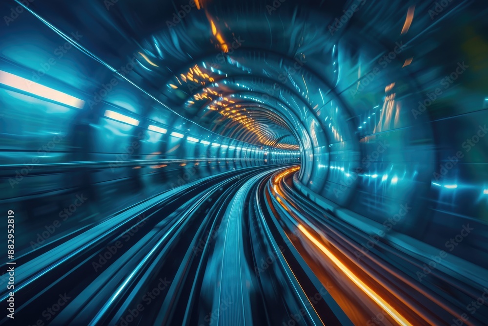 Poster Futuristic illuminated tunnel with light trails A hyperloop train speeding through a vacuum tube station