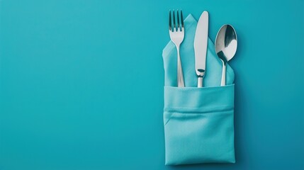 A napkin folded into a pocket holding cutlery on a solid blue background.