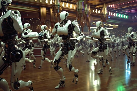 Futuristic white humanoid robots A lavish technologically advanced ballroom filled with humanoid robots dancing