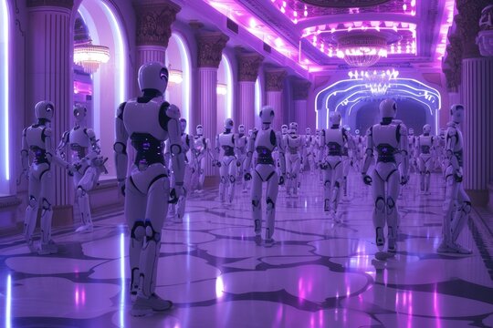 Futuristic white humanoid robots A lavish technologically advanced ballroom filled with humanoid robots dancing
