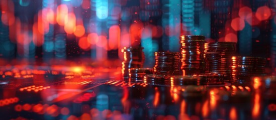 Fototapeta premium Stacks of Coins on Digital Background with Red and Blue Lights Representing Cryptocurrency and Financial Technology
