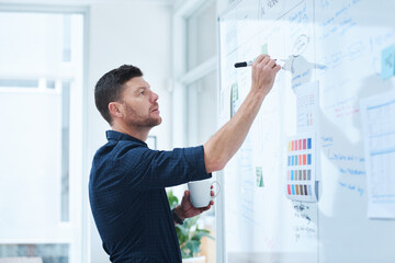Man, writing and coffee in office for brainstorming with whiteboard, thinking and planning for day ahead or creative tasks. Project manager, ideas and thoughts for campaign schedule and goal setting.
